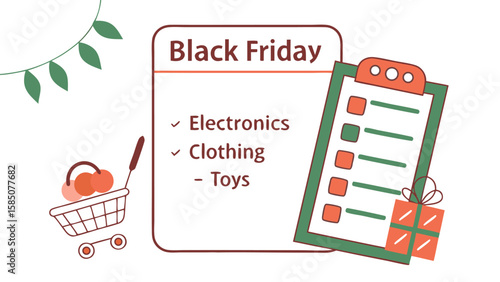 Illustration of a black friday sales list next to a shopping cart and a gift box on a white background