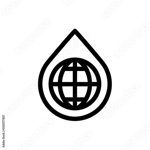Contour icon of a globe inside a water drop, symbolizing water conservation and global environmental protection