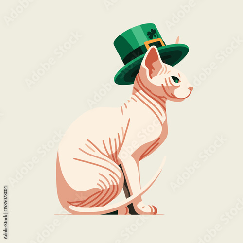 A cartoon Sphynx cat wearing green. Cute Clipart Vector Illustration Line Art Illustration. funny hairless feline sporting verdant shade in drawing style.