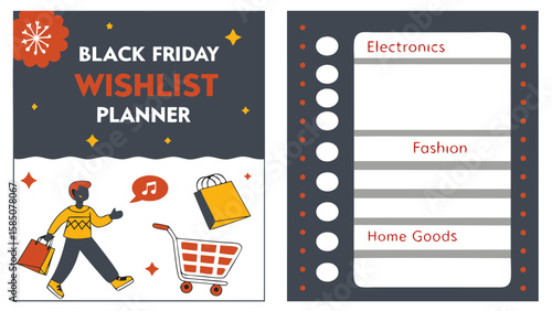 Black friday wishlist planner with a person shopping and a list of electronics fashion and home goods