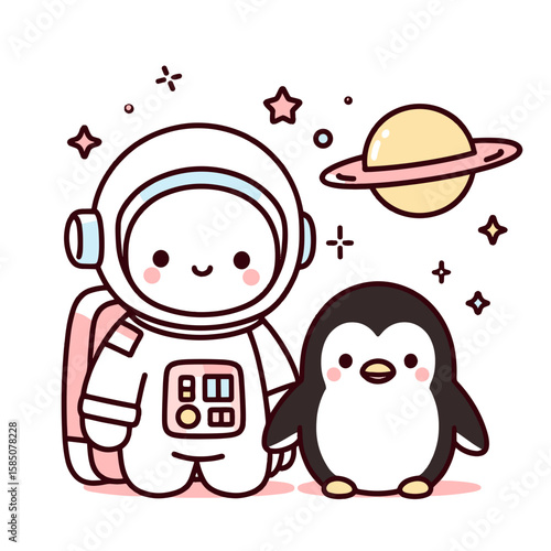 A cute astronaut and penguin in. Cartoon Clipart Vector Illustration Line Art Illustration. charming spaceman alongside flightless bird at cosmic location.