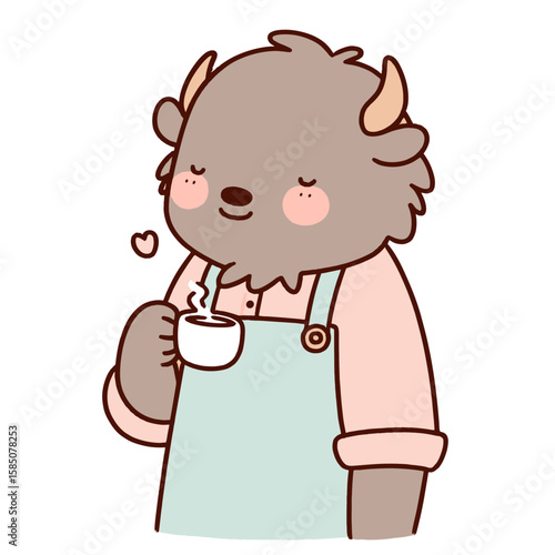 A cute cartoon bison wearing pink apron and drinking. Clipart Vector Illustration Line Art Illustration. Comic buffalo with coverall having beverage.