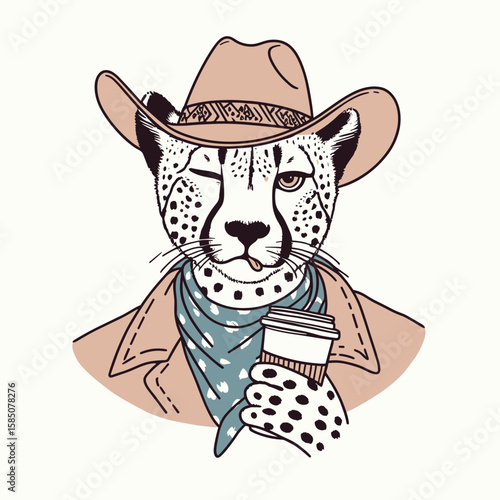 A cool cheetah wearing cowboy hat and drinking. Cute Cartoon Clipart Vector Illustration Line Art Illustration. Wild cat with headwear enjoying beverage looking calm relaxed.