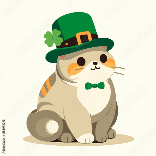 A cute cartoon cat wearing green top hat and bow tie for. Clipart Vector Illustration Line Art Illustration. comical kitty in emerald headgear neckwear for special occasion.