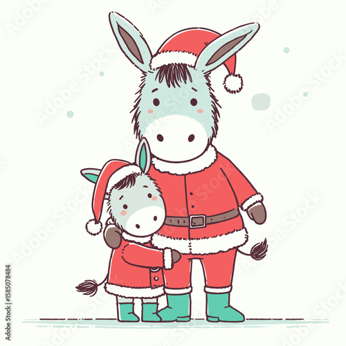 A cute cartoon donkey and its foal wearing Santa hats and. Clipart Vector Illustration Line Art Illustration. Lovely animated burro with young donning holiday headwear also.
