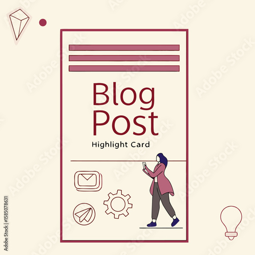 Illustration of a blog post highlight card with a woman using a phone and various icons on a light background