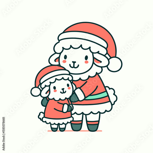 A cute cartoon illustration of sheep wearing Santa hat and lamb Santa. Clipart Vector Line Art Illustration. Adorable drawing wooly ewe in winter headgear baby cap.