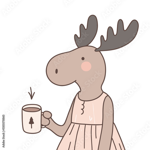 A cute cartoon moose wearing pink dress is holding coffee. Clipart Vector Illustration Line Art Illustration. lovable animated elk in rose garment drinks java beverage.