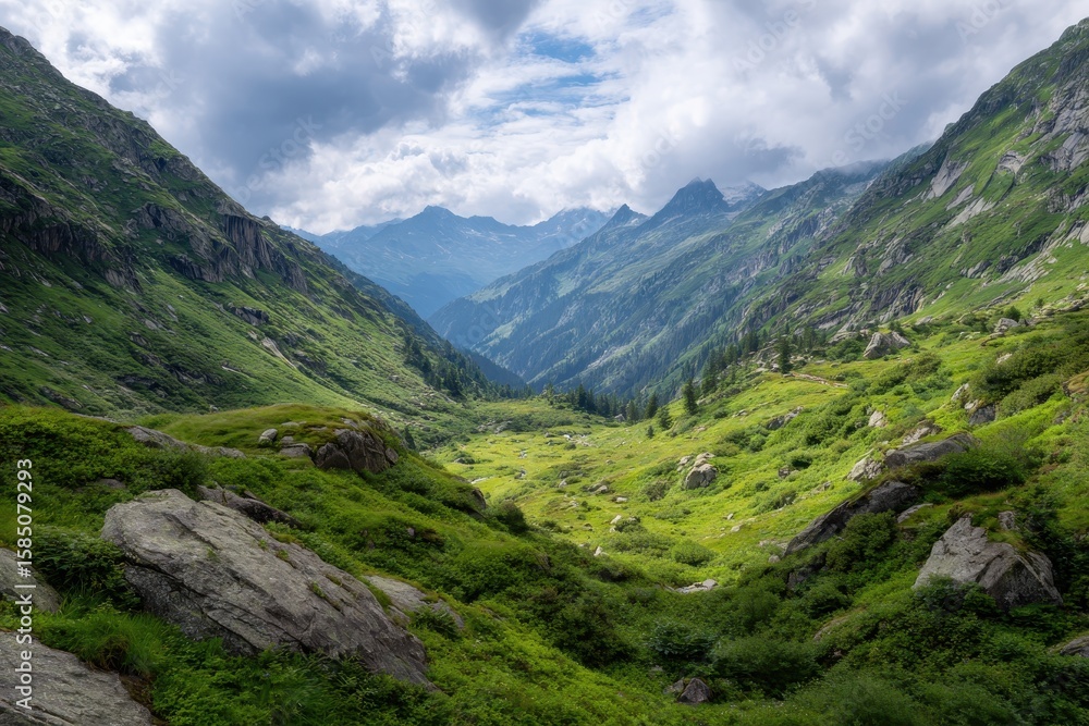 Obraz premium Vast alpine valley under dramatic clouds revealing lush green slopes and jagged peaks