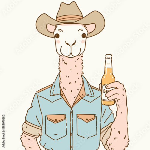 A llama wearing cowboy hat and holding beer. Cute Cartoon Clipart Vector Illustration Line Art Illustration. Camelid in headgear grips ale western theme.