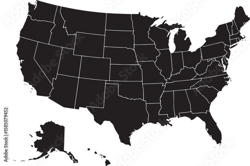 United States map black and white state outlines america