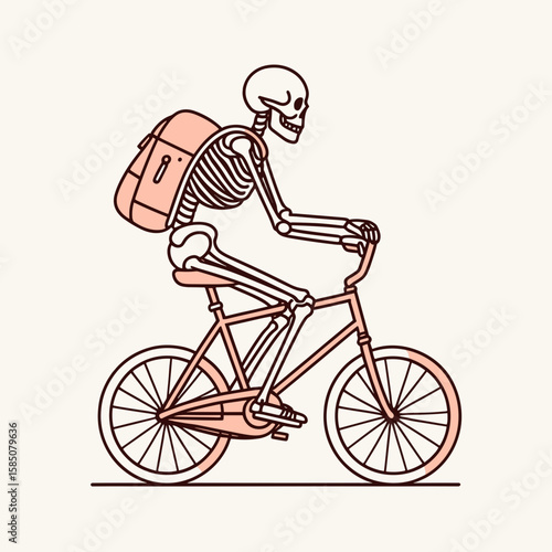 A skeleton riding bicycle. Cute Cartoon Clipart Vector Illustration Line Art Illustration. Bony figure on cycle bone man traveling pedaling machine for human remains.