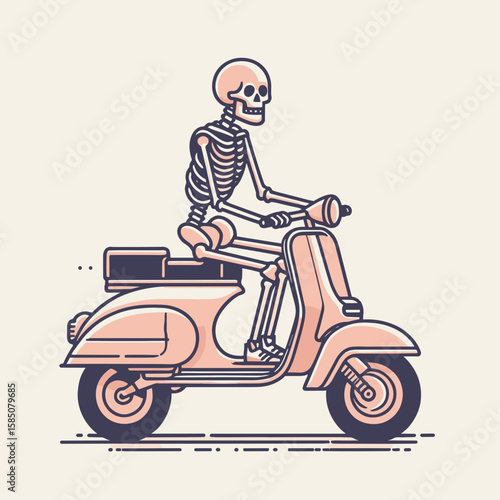 A skeleton riding pink. Cute Cartoon Clipart Vector Illustration Line Art Illustration. Undead figure atop rose-color mount bone man journeys on rouge steed.