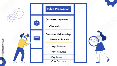 Illustration of a business model canvas with people, gears, and key elements like value proposition, exactly 100