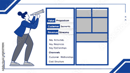Illustration of a woman with a telescope looking at a business model canvas on a white background