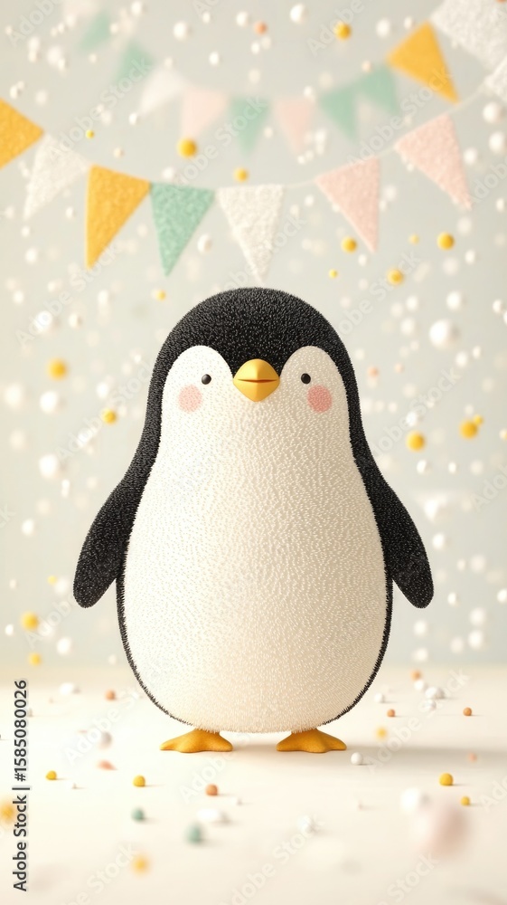 Fototapeta premium Cute penguin with festive decorations in backdrop.