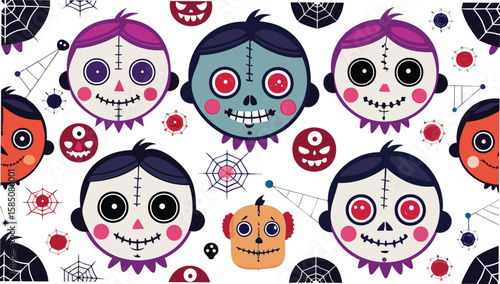 Seamless halloween pattern with cartoon zombie faces, spider webs, and spooky monster heads background design