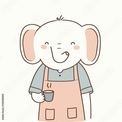 An elephant wearing apron is holding a coffee cup with its. Cute Cartoon Clipart Vector Illustration Line Art Illustration. Pachyderm in work cloth grips beverage mug using body part.