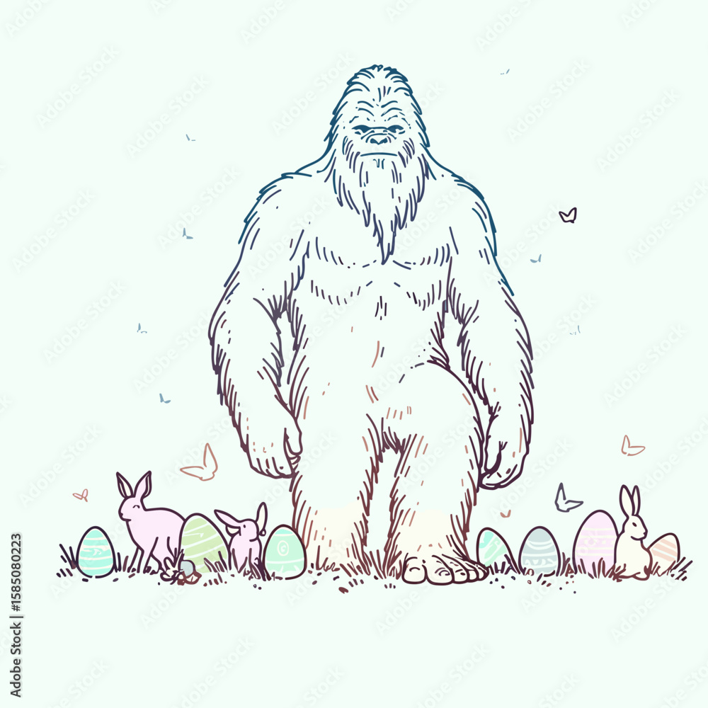 Obraz premium Bigfoot is real and hes coming for your Easter. Cute Cartoon Clipart Vector Illustration Line Art Illustration. Sasquatch exists approaching spring holiday observance hunt event.