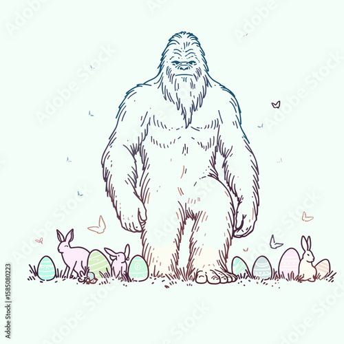 Bigfoot is real and hes coming for your Easter. Cute Cartoon Clipart Vector Illustration Line Art Illustration. Sasquatch exists approaching spring holiday observance hunt event.