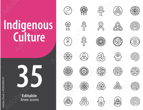 Indigenous Culture Line Icons, Tribal Mask, Drum, Traditional Dance, Totem, Heritage Symbol, Editable Formats: AI, EPS, PNG, Ideal for Both UI and Print Media Use
