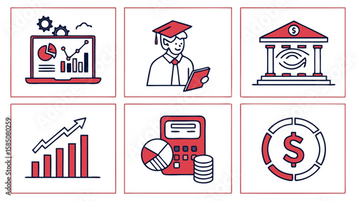 Illustration of financial and educational icons showing growth, learning, and banking in a grid layout