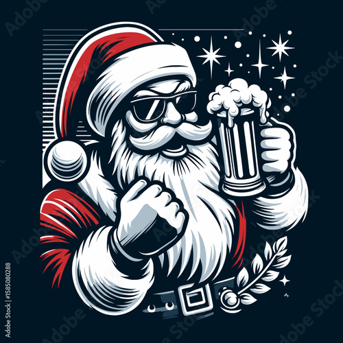 Santa Claus in sunglasses holding a beer mug and flexing his. Cute Cartoon Clipart Vector Illustration Line Art Illustration. Father christmas with shades grasping drink showing muscle.