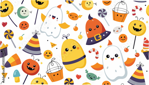 Wallpaper Mural A festive halloween themed background with cute ghosts pumpkins and colorful candies scattered all around it Torontodigital.ca