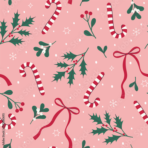 Christmas seamless pattern with candy canes, bows and winter flora. Vector graphics.