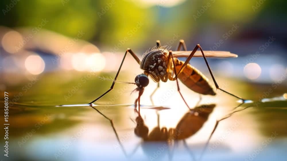 Mosquito in Golden Hour: Macro Photography of Insect Drinking Water Mosquito in Golden Hour: Macro Photography of Insect Drinking Water
