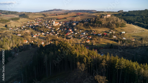 The village of Pecka in the foothills of the Krkonoše Mountains with the iconic Pecka Castle

