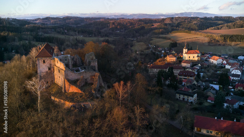 The village of Pecka in the foothills of the Krkonoše Mountains with the iconic Pecka Castle
