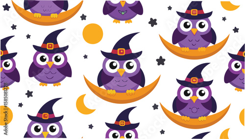 Seamless pattern of purple owls wearing witch hats sitting on moons and stars scattered around them