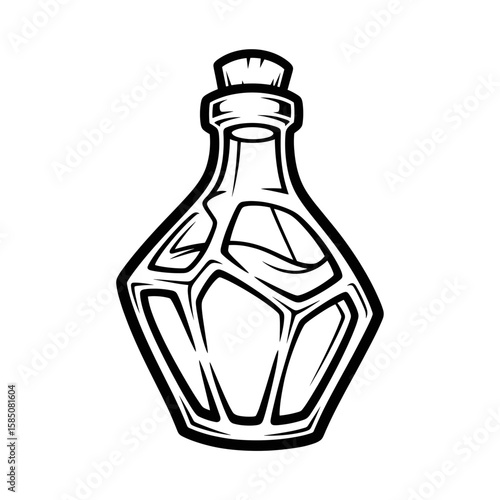 Mysterious Black and White Magic Potion Bottle Illustration. This Enchanting Fantasy Elixir Flask with a Cork Stopper is Perfect for Alchemical Designs and Spellbinding Visuals.