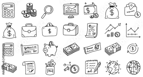 Hand-drawn finance, business  economic doodle icons set