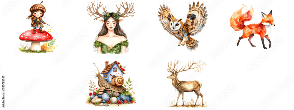 Fototapeta premium Forest animals, fairy, explorer girl and snail with mushroom house illustrations set on transparent background