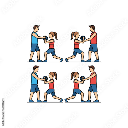 Male and female athletes in a dynamic partner workout, performing lunges with a medicine ball exchange for core and leg strength.