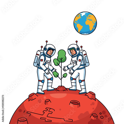 Astronauts terraforming a new world, planting a green tree on a red planet as a symbol of hope for a new beginning.