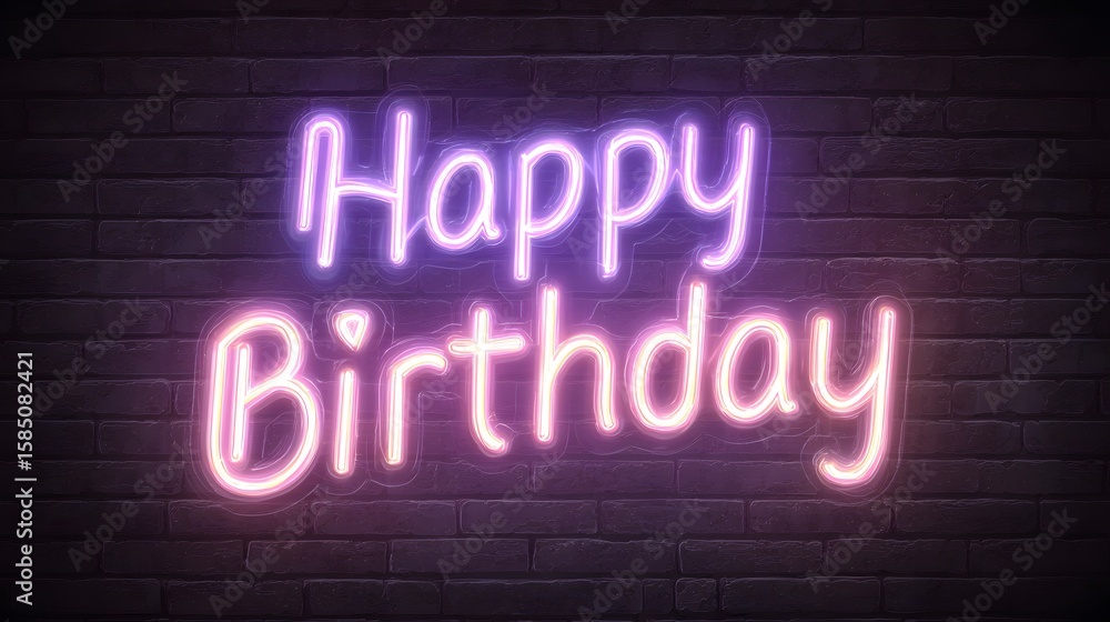 Obraz premium Happy birthday neon sign glowing against a dark brick wall for a celebratory background scene
