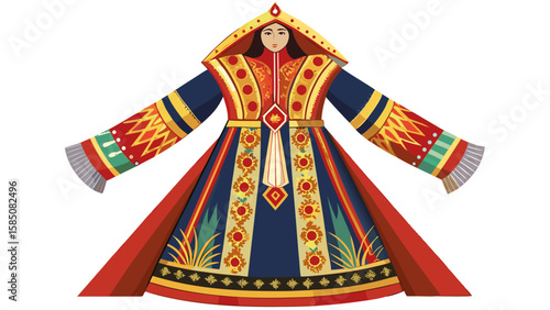 Alaska’s Russian Orthodox traditional gown, with long embroidered sleeves and velvet trim, radiates cultural fusion, ideal for a regal full-figure vector art composition.