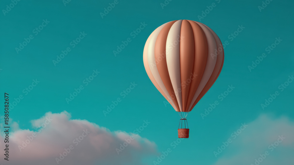 Fototapeta premium A single pastel-colored hot air balloon floats peacefully in a clear blue sky with soft clouds below.