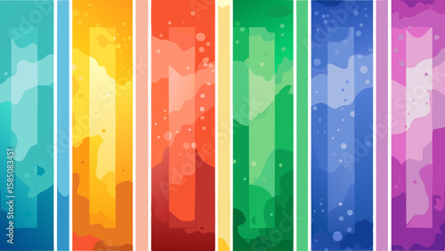 Vector art of a vibrant abstract background composed of vertical strips featuring colorful paint strokes and fluid textures