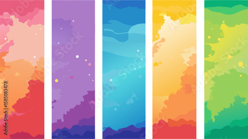 Vector art of a vertical collection of colorful abstract watercolor splashes in vibrant hues of red, orange, purple, blue, and green