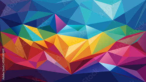 Vector art of a striking abstract lowpoly background with a transition from cool blues to warm oranges and pinks