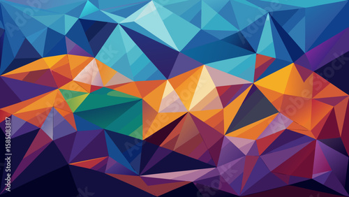 Vector art of a vibrant abstract geometric pattern composed of colorful lowpoly triangles creating a dynamic and modern digital art background