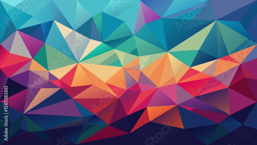 Vector art of a dynamic abstract background featuring a vibrant mosaic of colorful geometric triangles in a lowpoly polygonal style, representing modern design