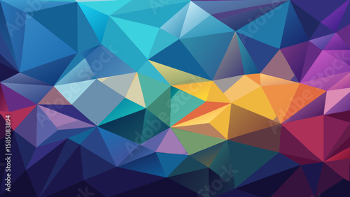 Vector art of a dynamic abstract geometric pattern featuring a spectrum of vibrant polygonal shapes and triangles