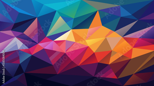 Vector art of an abstract geometric low poly artwork showcasing a vivid spectrum of blue, purple, pink, orange, and yellow