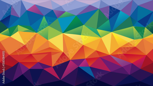 Vector art of a striking rainbow abstract geometric low poly pattern with a vibrant gradient of colors including blue, green, yellow, orange, red, and purple