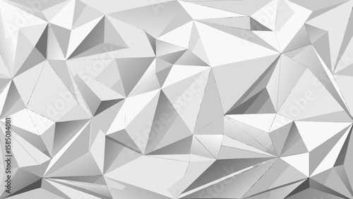 Vector art of a complex geometric pattern of white and gray polygons creates a modern, abstract background with a faceted, lowpoly texture